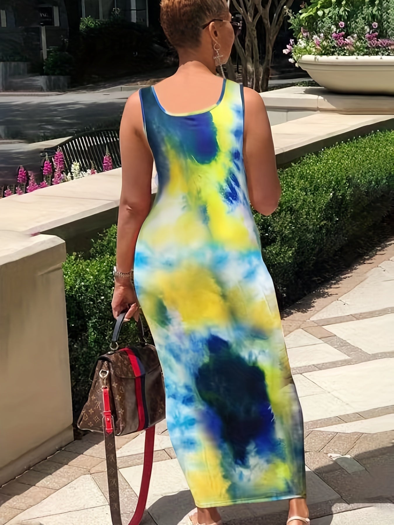  Tie Dye Maxi Dress Scoop Neck Medium Stretch Slim Fit