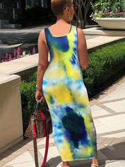  Tie Dye Maxi Dress Scoop Neck Medium Stretch Slim Fit