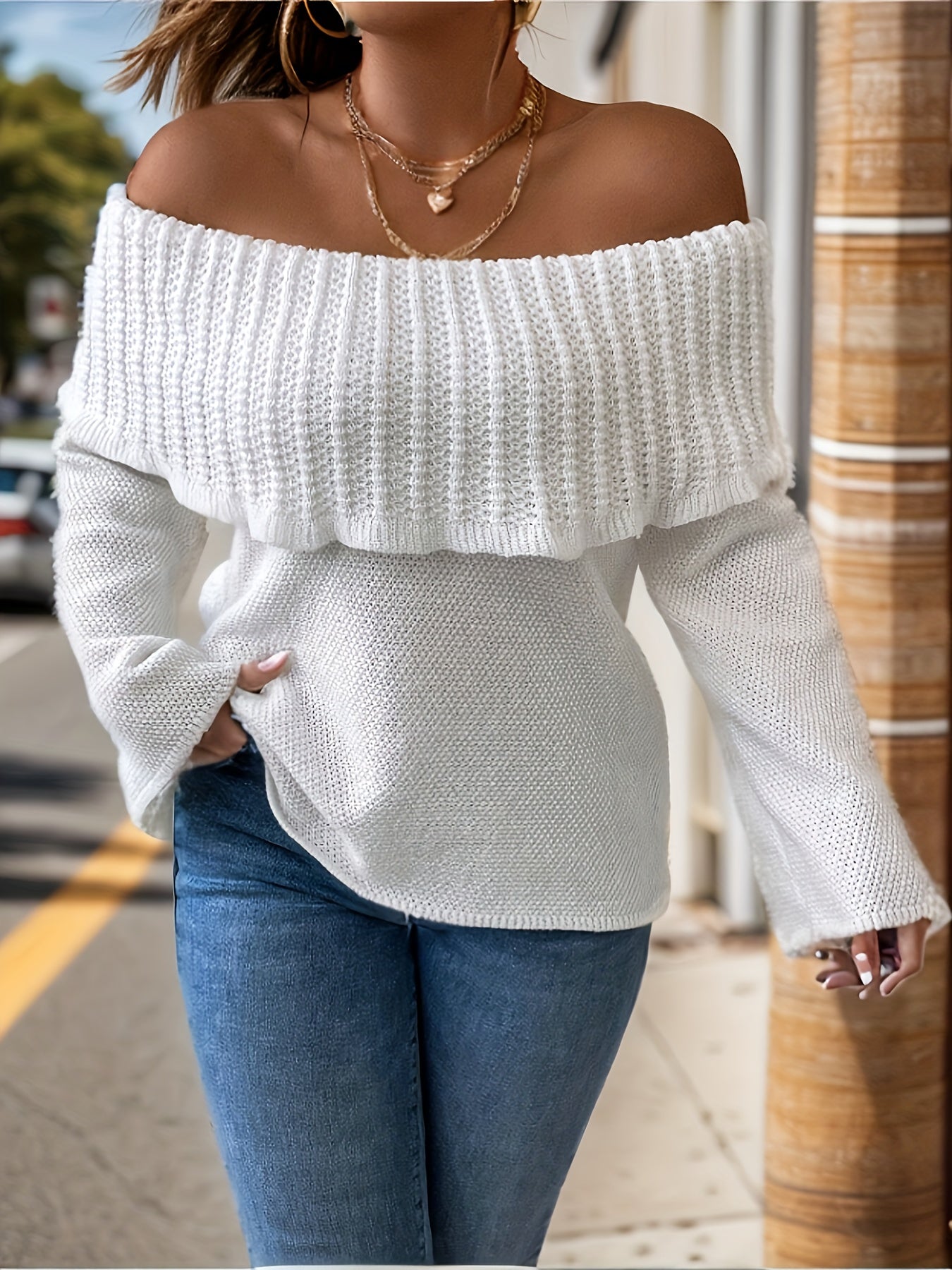  Solid Off Shoulder Layered Sweater