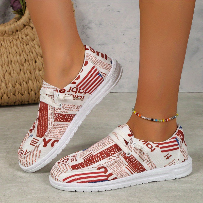 Newspaper Print Canvas Loafers Round Toe Lightweight Shoes