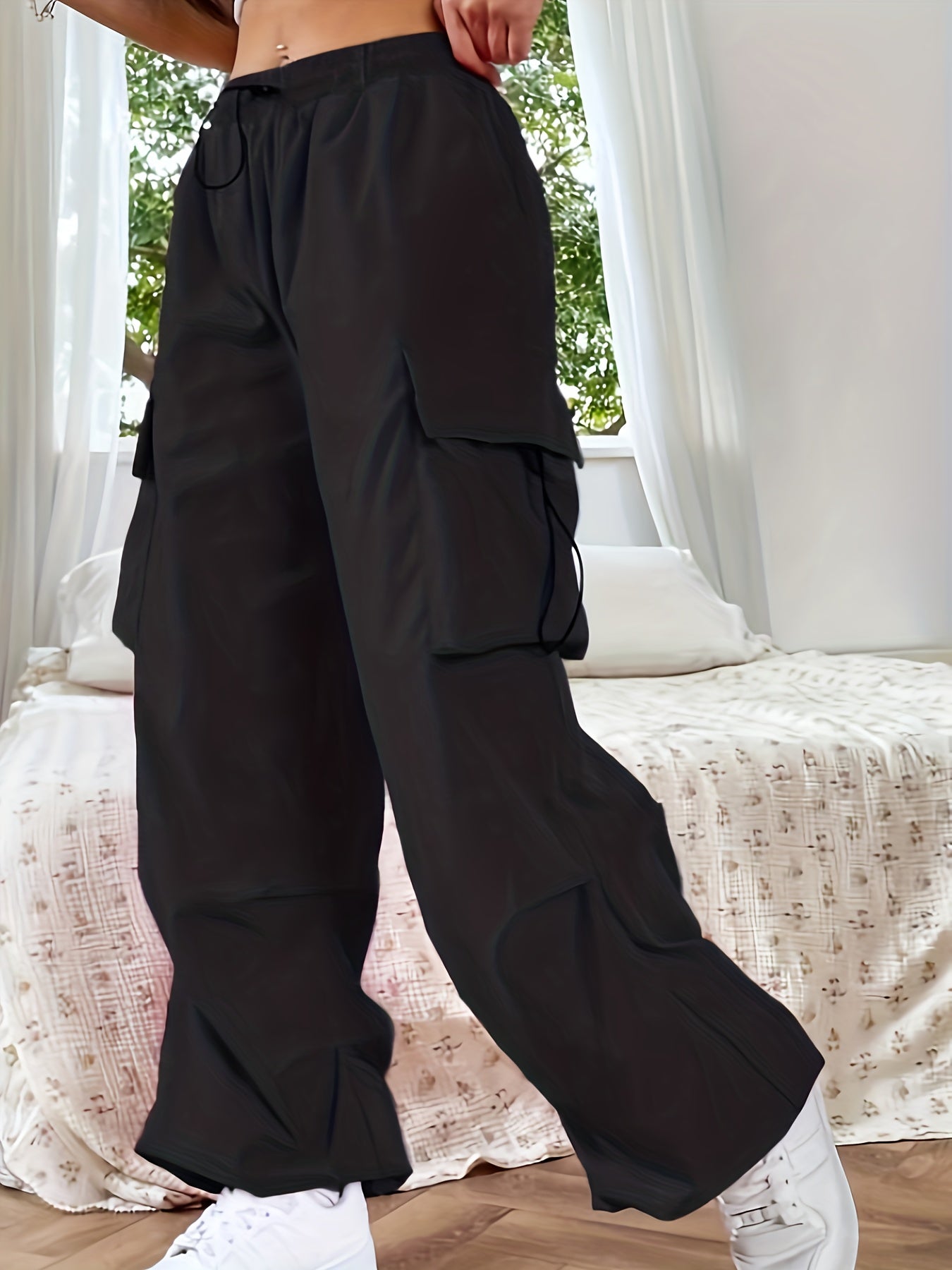  Solid Cargo Pants High Rise Drawstring Pockets
