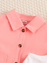 3pcs Girls Button Shirt & Pleated Skirt & Cami Crop Top Set