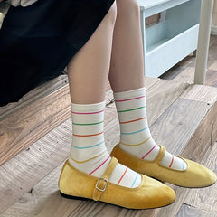 3 Pairs Colorful Dot & Stripe Print Socks Comfy Mid Tube Stockings