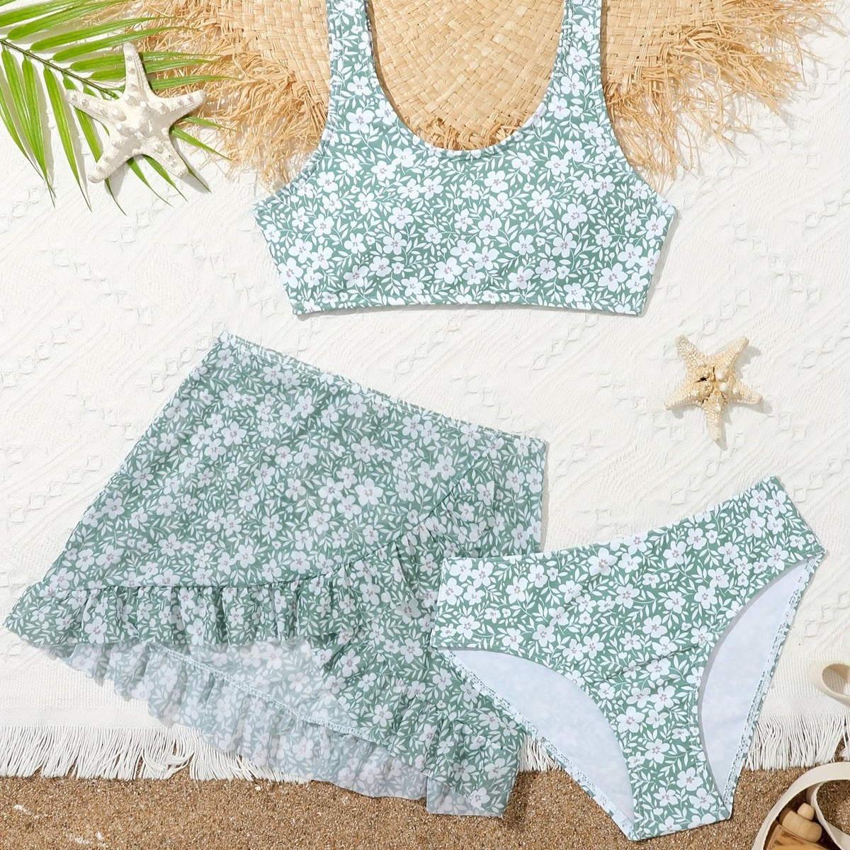 Girls Floral Split Bikini Swimsuit Set Sleeveless Top & Bottoms & Cover Up Skirt