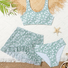 Girls Floral Split Bikini Swimsuit Set Sleeveless Top & Bottoms & Cover Up Skirt
