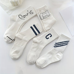Letter & Striped Print Socks Women's Mid Tube Stockings
