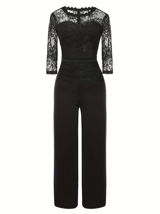 Half Sleeve Wide Leg Lace Stitching Jumpsuit Women's Clothing
