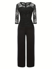 Half Sleeve Wide Leg Lace Stitching Jumpsuit Women's Clothing