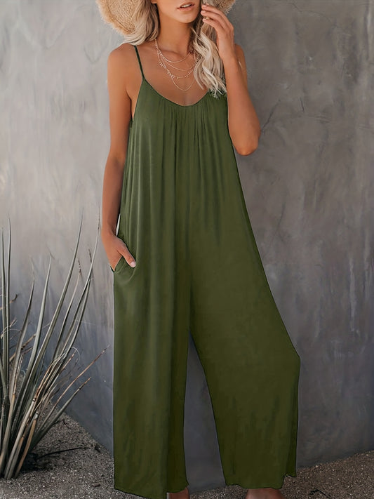 Solid Spaghetti Wide Leg Jumpsuit Casual Backless Sleeveless Jumpsuit