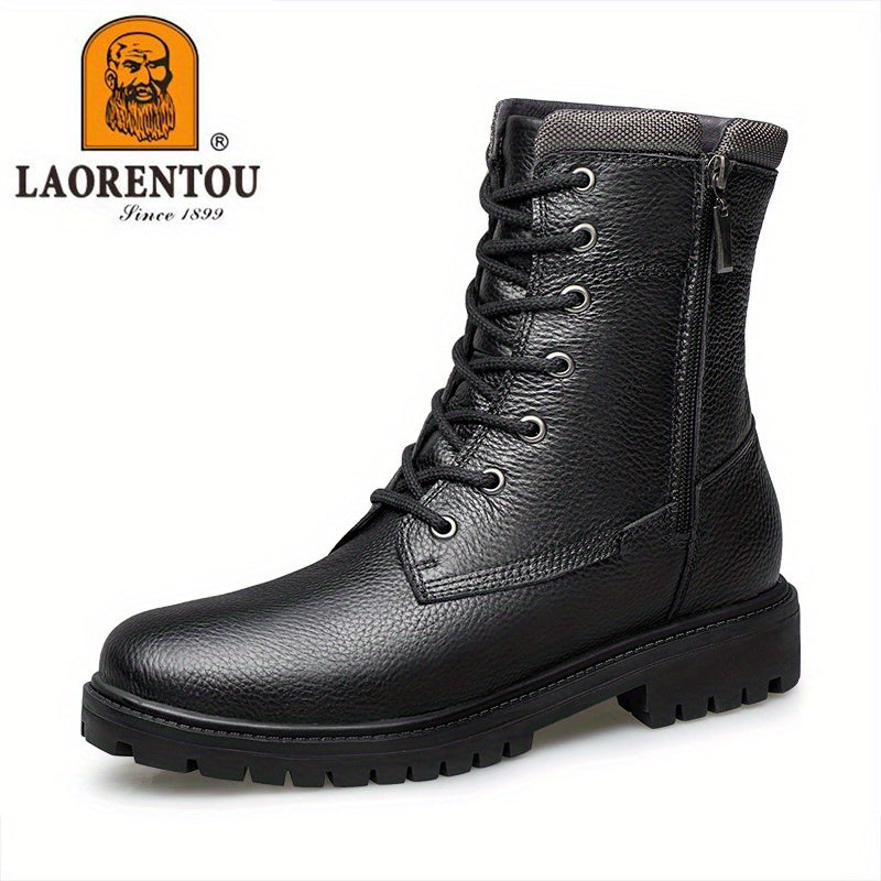 Men's Lace Up Service Boots with Side Zipper Casual Leather Walking Shoes