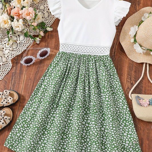 Toddler Girls Flutter Sleeve Dress Waist Hollow Flowers Graphic Princess Dress