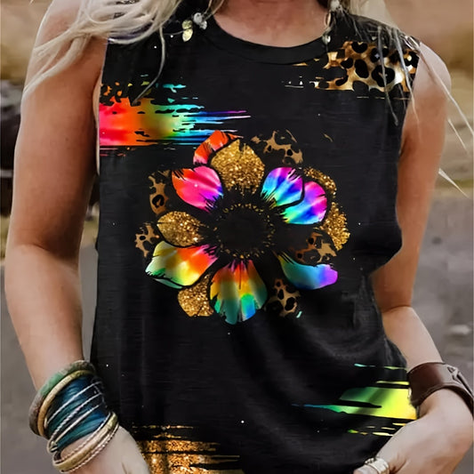 Leopard Flower Print Tank Top Crew Neck Sleeveless Tank Top Women's Clothing
