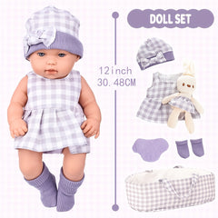 Plaid Sleeping Basket & Doll Set with Carry Crib