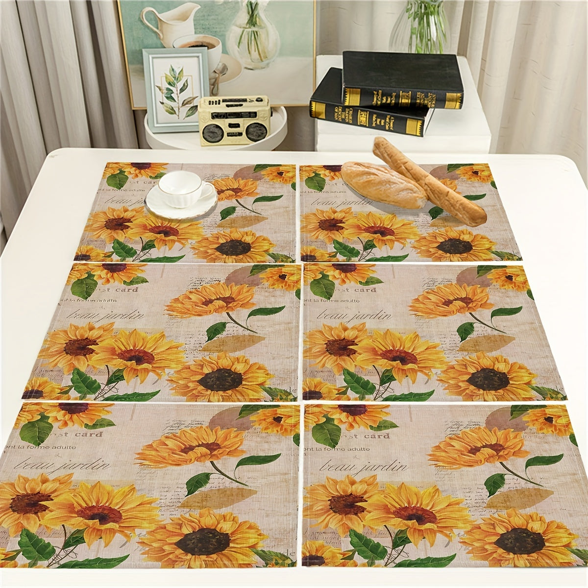 Bohemian Linen Placemat Sunflower Pattern Table Mat Set for Kitchen Restaurant