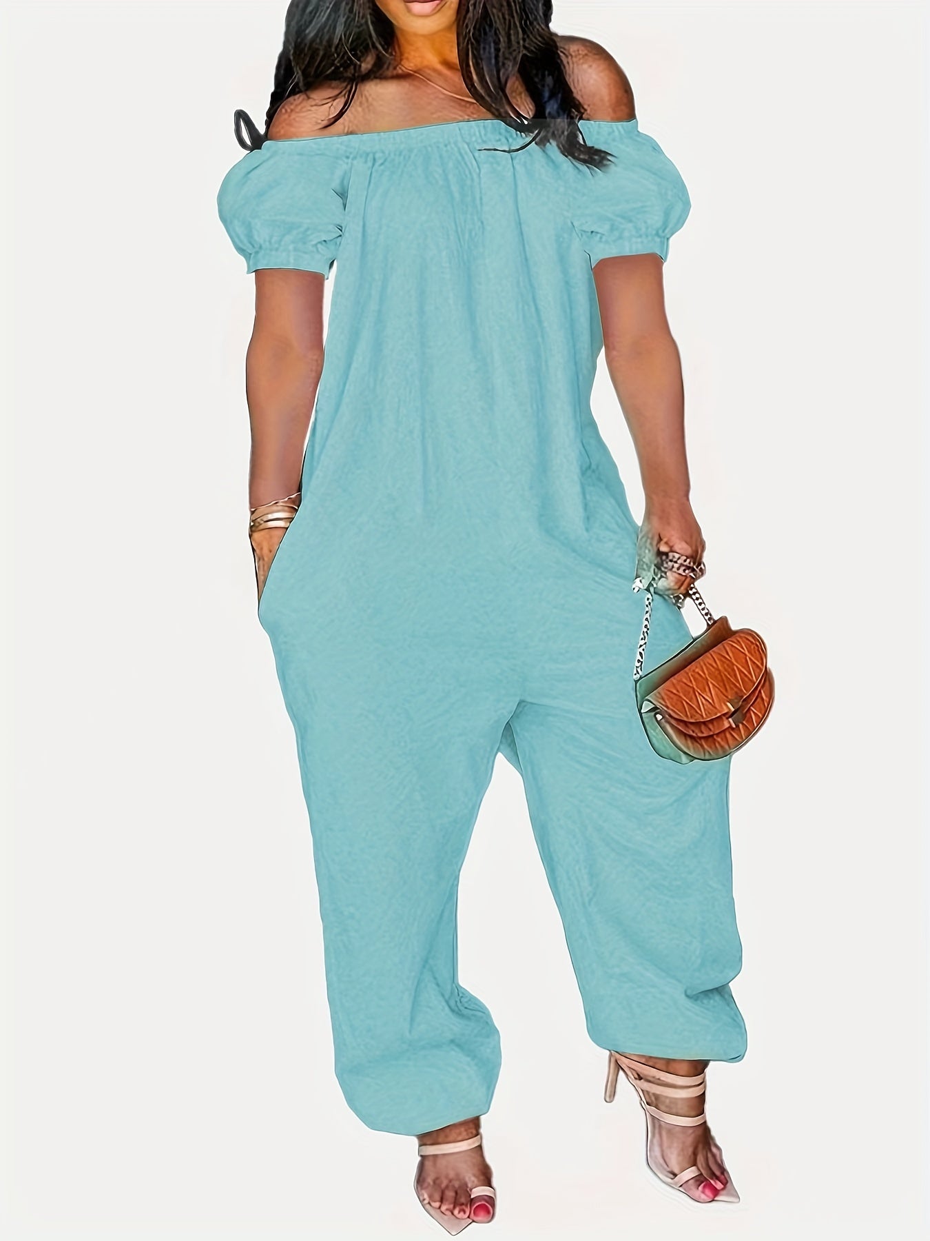  Off Shoulder Bubble Sleeve Jumpsuit