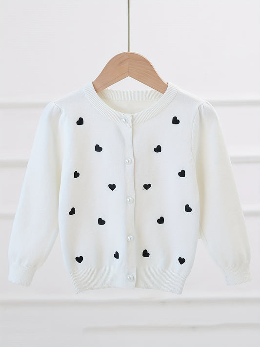 Girls' Pearl Button Down Knit Cardigan Sweater With Hearts Jacquard