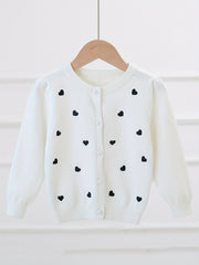 Girls' Pearl Button Down Knit Cardigan Sweater With Hearts Jacquard