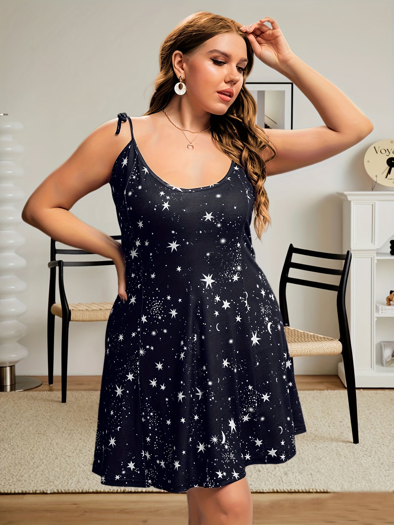  Star & Moon Print Tie Shoulder Cami Dress
