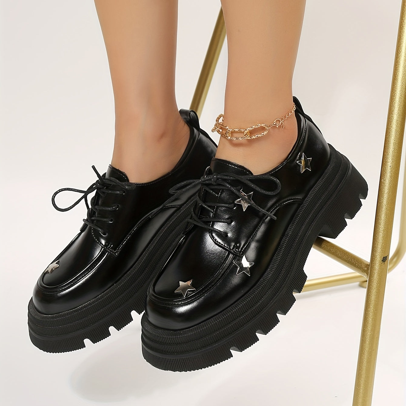Women's Star Pattern Platform Loafers Lace Up Shoes