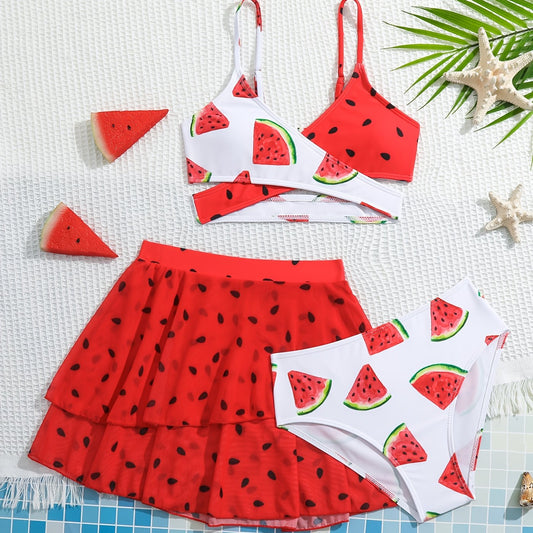 Girl's Watermelon Swimsuit 3pcs Bikini Set & Skirt