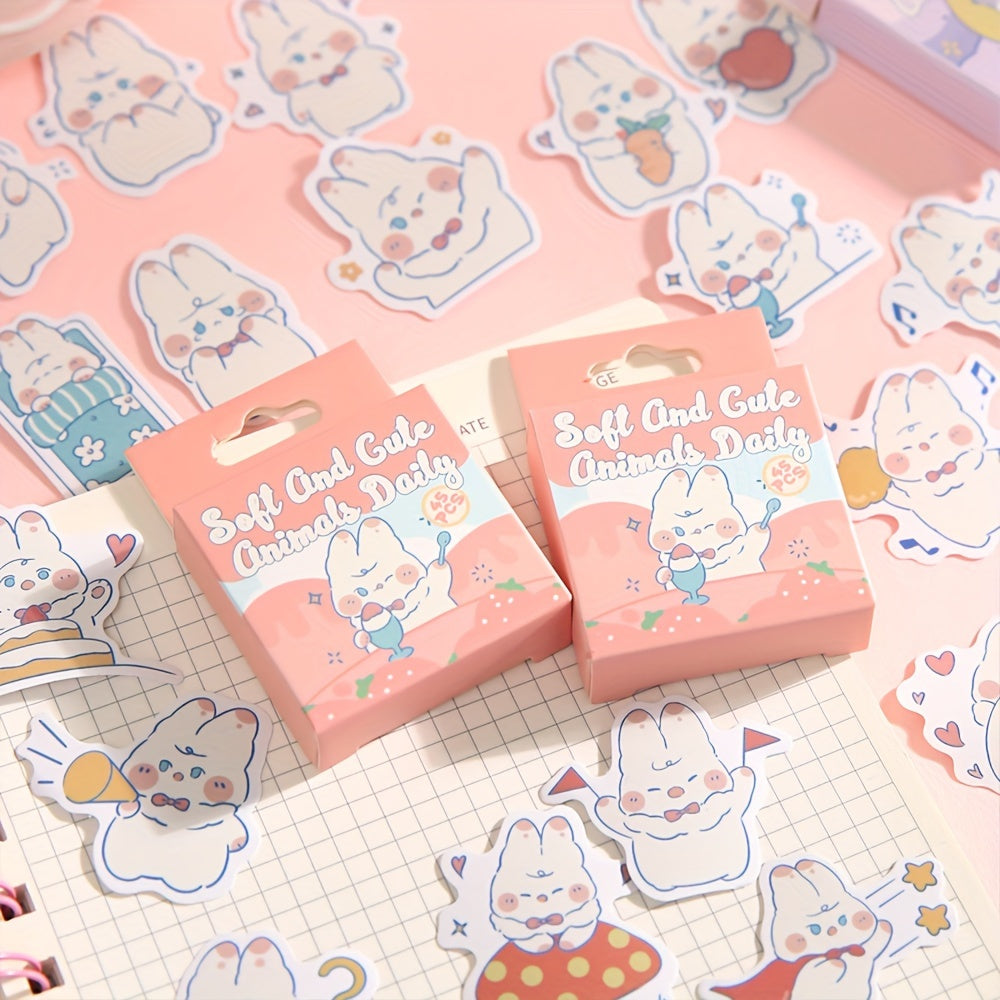 45pcs Non-Repeating Cartoon Stickers - Rabbit, Cat, Seal - 4.1x4.1 Inches