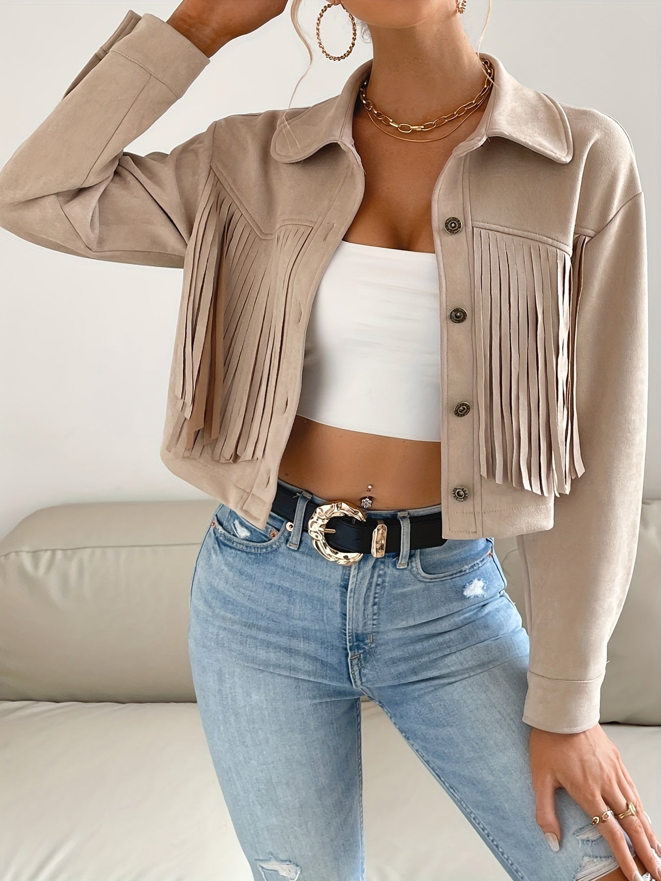 Button Tassel Solid Crop Jacket Women's Clothing