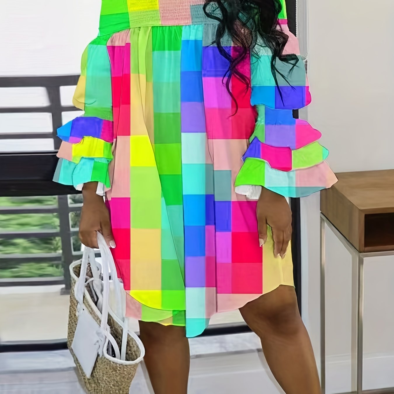  Colorblock Grid Print Shirred Off Shoulder Dress