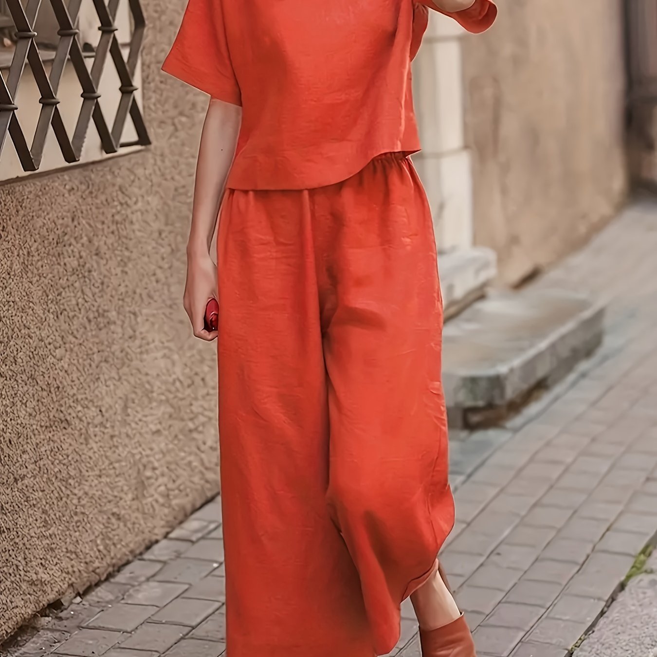Two Piece Set Crew Neck T Shirt & Wide Leg Pants