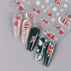 5D Embossed Christmas Nail Art Stickers Snowflake Gloves Feather Bulb Bells