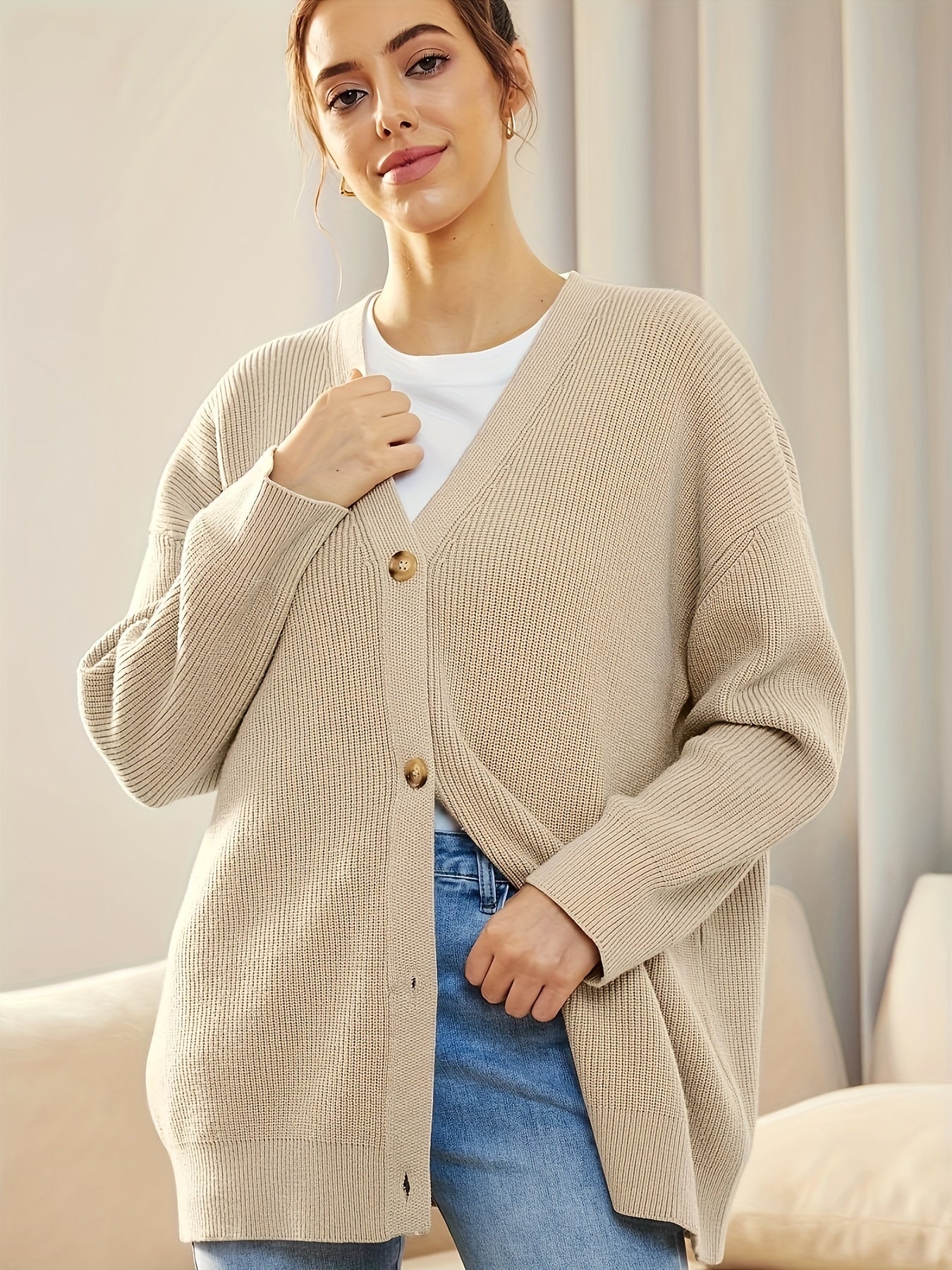  Solid Knit Long Sleeve Button Up Cardigan