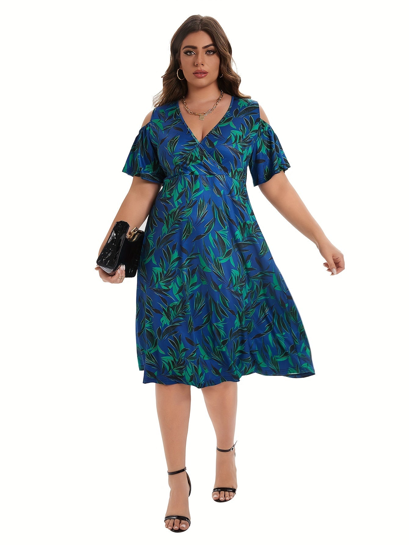 Plus Leaf Print Short Sleeve Cold Shoulder Midi Dress