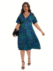 Plus Leaf Print Short Sleeve Cold Shoulder Midi Dress