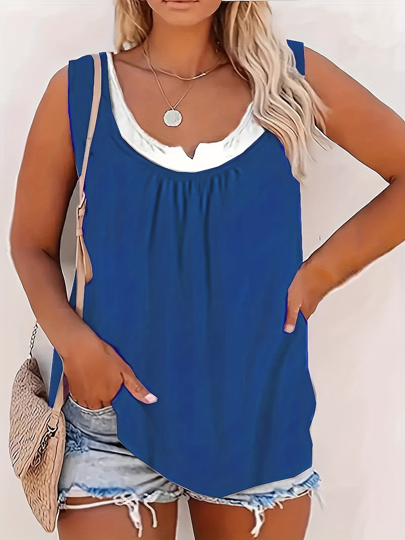  Colorblock Notched Neck Tank Top