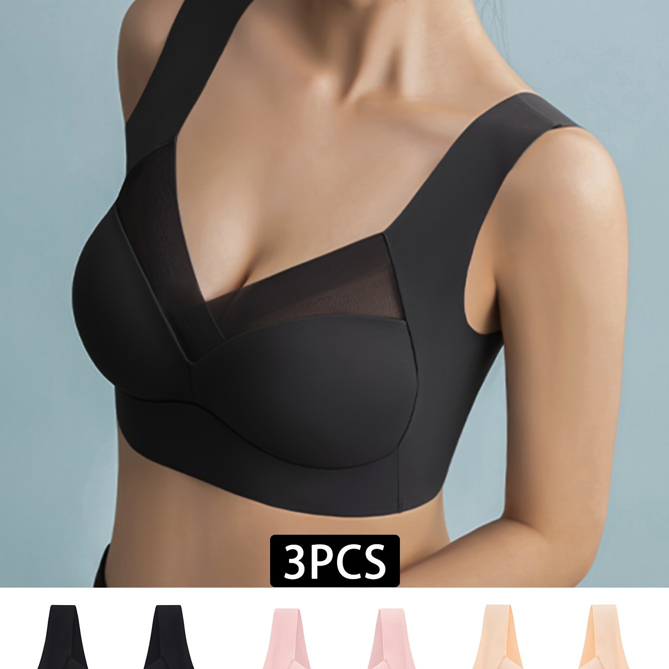 3pcs Wireless Mesh Stitching Bra Seamless Intimates Lingerie