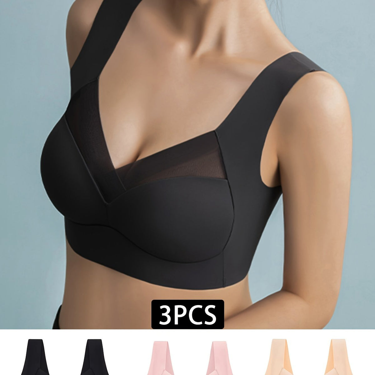 3pcs Wireless Mesh Stitching Bra Seamless Intimates Lingerie