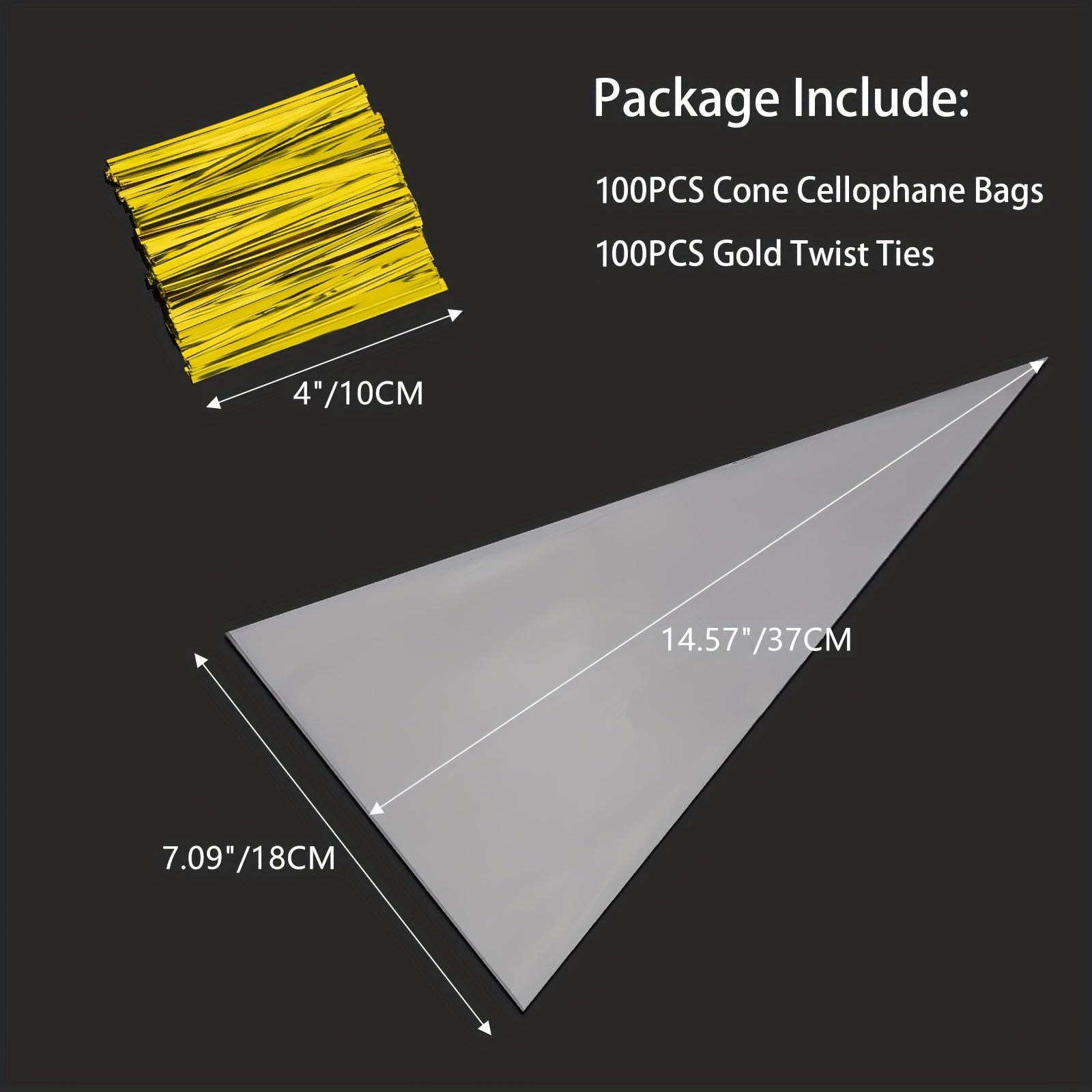 100pcs Cone Cellophane Bags Clear with Twist Ties - Christmas Plastic Cone Bags