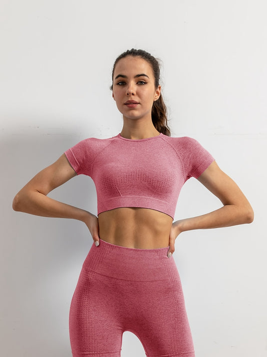 Solid Crew Neck Yoga Crop Top Short Sleeve Slimming Workout Top