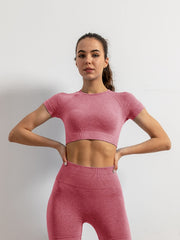 Solid Crew Neck Yoga Crop Top Short Sleeve Slimming Workout Top