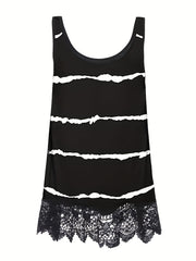 Rose Print Lace Trim Tank Top Sleeveless Summer Casual Women's Clothing