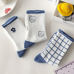 10 Pairs Bear & Plaid Print Ribbed Socks Women's Mid Tube Stockings