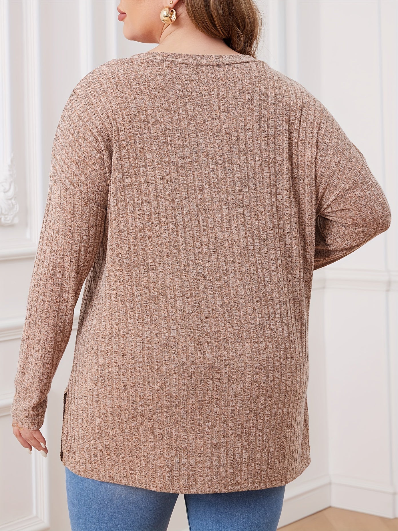  Solid Long Sleeve V Neck Ribbed Knit Top