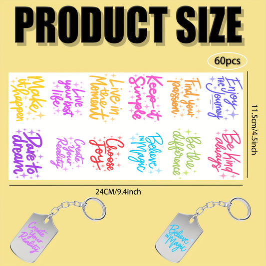 60pcs UV DTF Keychain Stickers Motivational Quotes Vinyl Tags for Crafts & Hotel