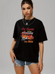 Modern Car & Letter Print T shirts Short Sleeve O neck Tee Women's Summer Tops