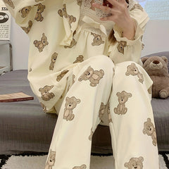 Bear Print Pajama Set Long Sleeve Top & Pants Women's Sleepwear