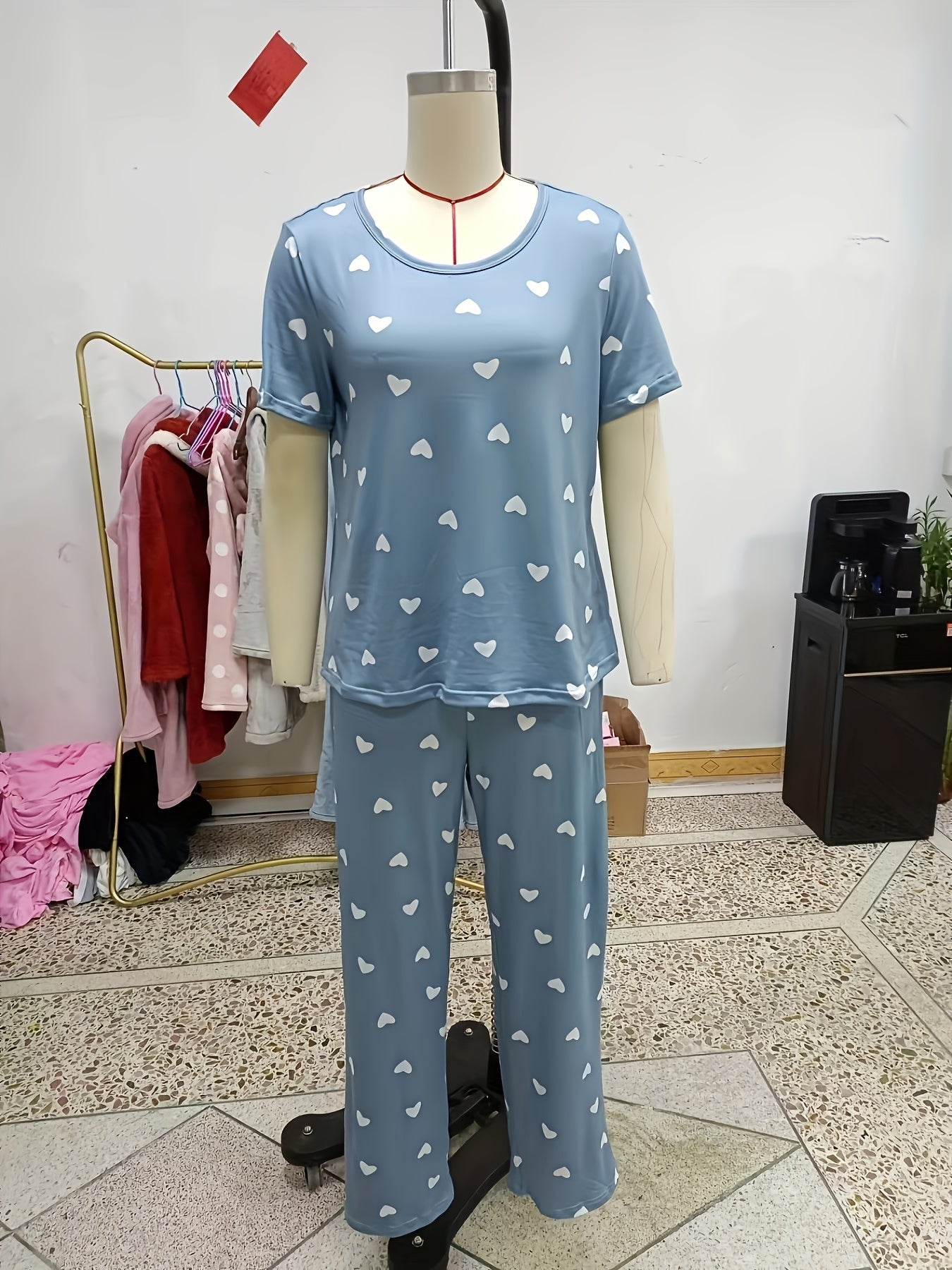 Heart Print Pajama Set Short Sleeve Round Neck Top & Elastic Waistband Pants