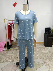 Heart Print Pajama Set Short Sleeve Round Neck Top & Elastic Waistband Pants
