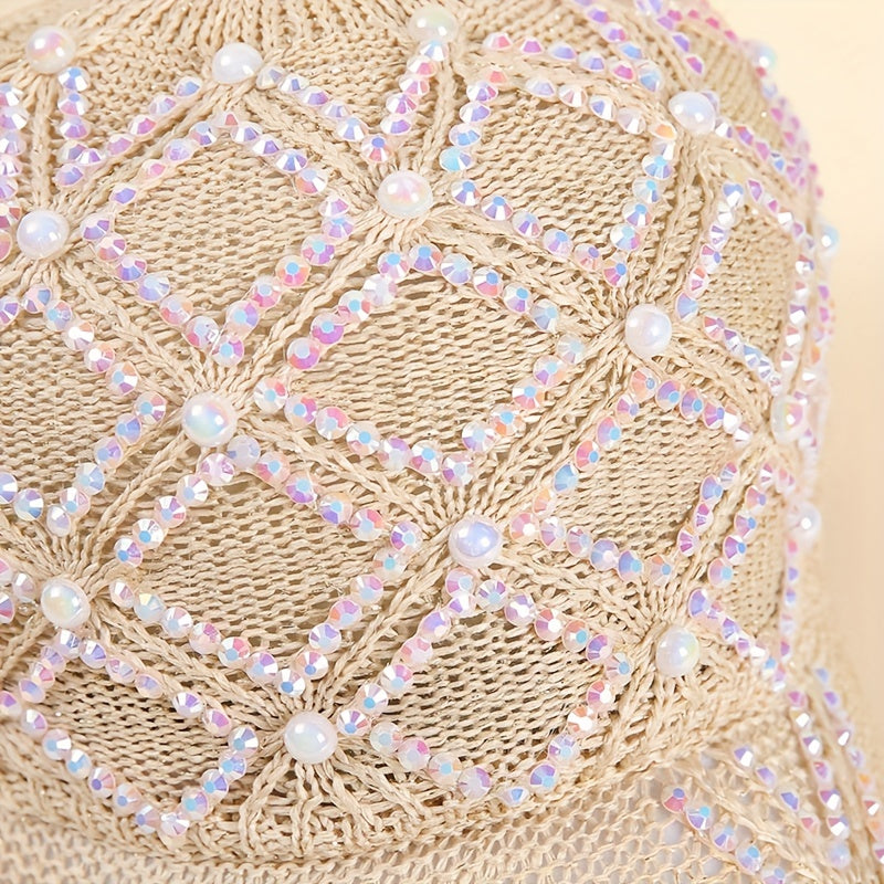 Beige Knit Baseball Cap with Faux Pearl Rhinestone Decor