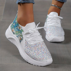 Women's Rhinestone Decor Knit Sports Shoes Lace Up Sneakers