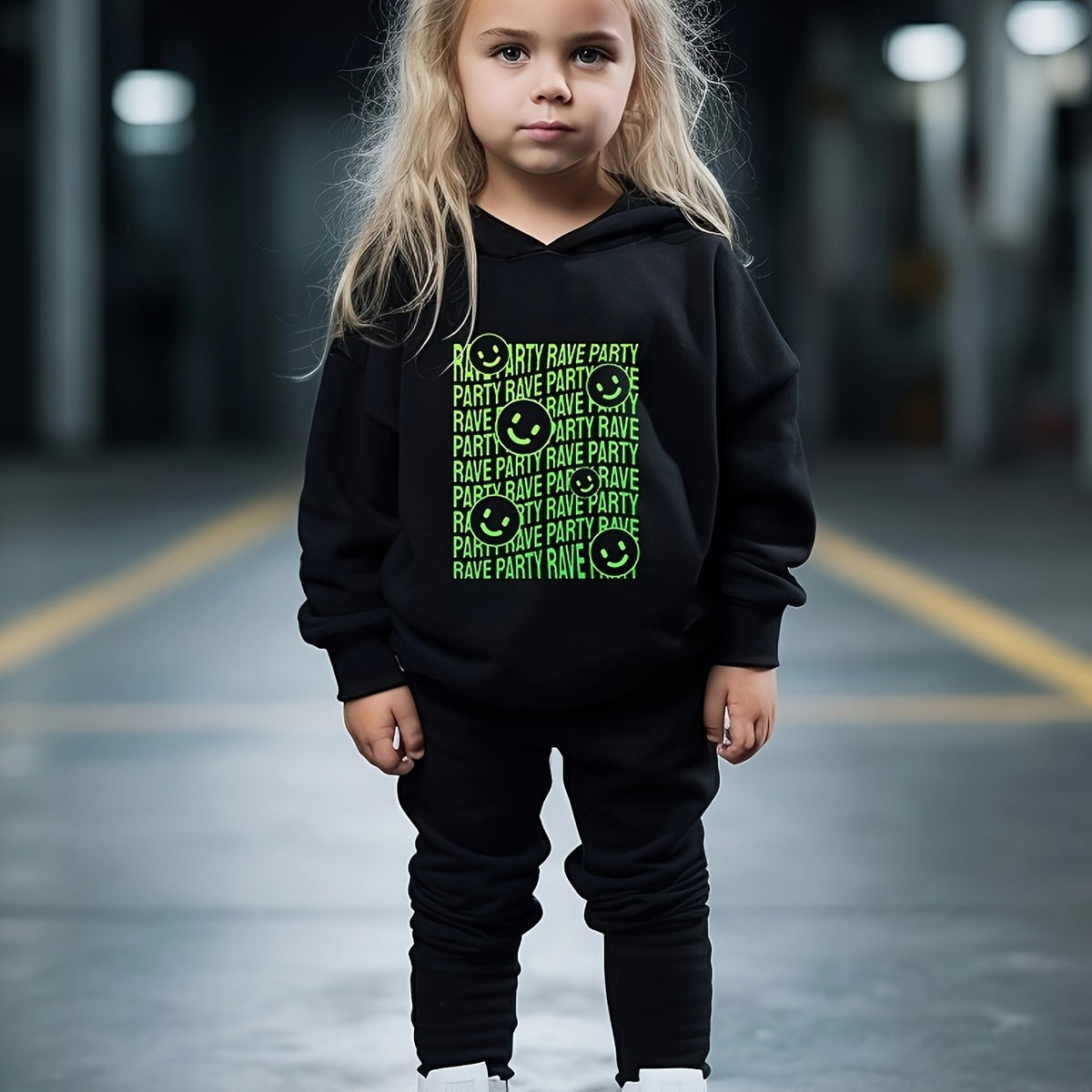 Girls 2pc Cartoon Smile Face Hoodie & Sweatpants Set