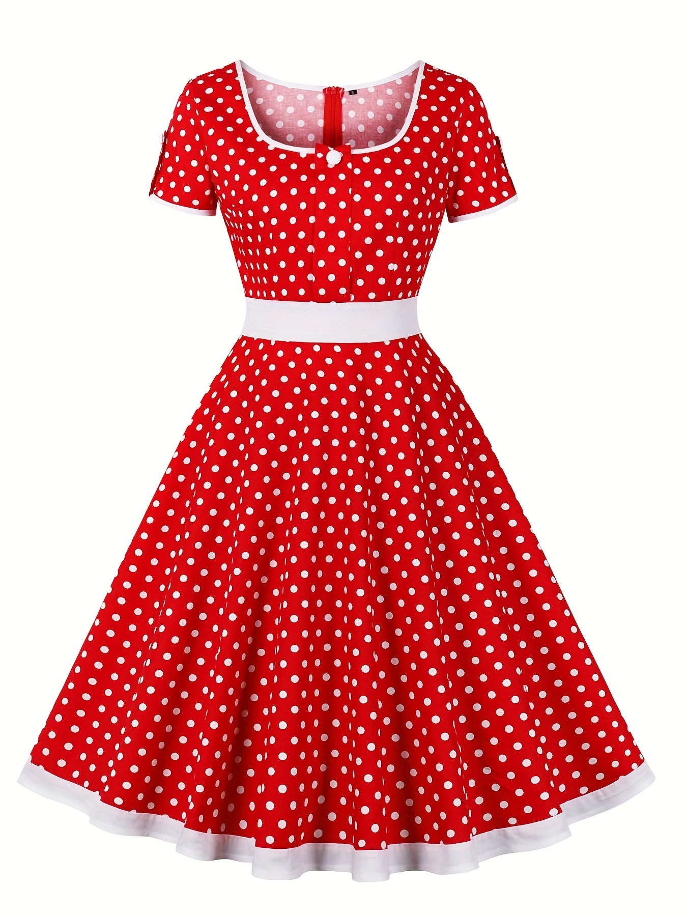 Retro Polka Dot Swing Dress Vintage Crew Neck Puff Sleeve Waist Summer Dresses